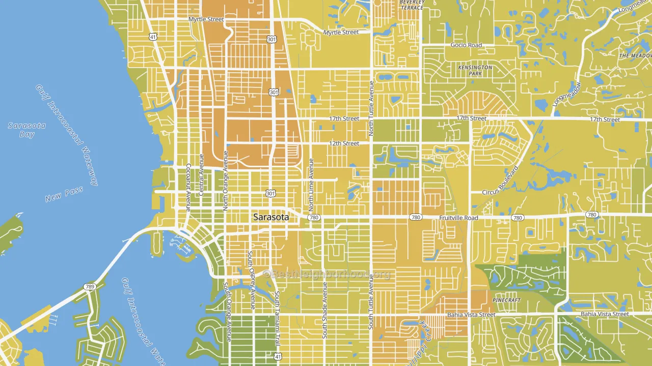 Map of the best neighborhoods in the Park East, Sarasota area, with better matches in green and worse matches in red