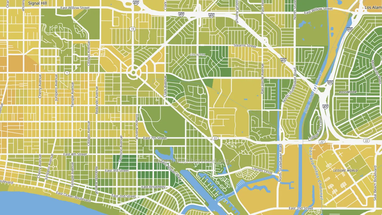Map of the best neighborhoods in the Park Estates, Long Beach area, with better matches in green and worse matches in red