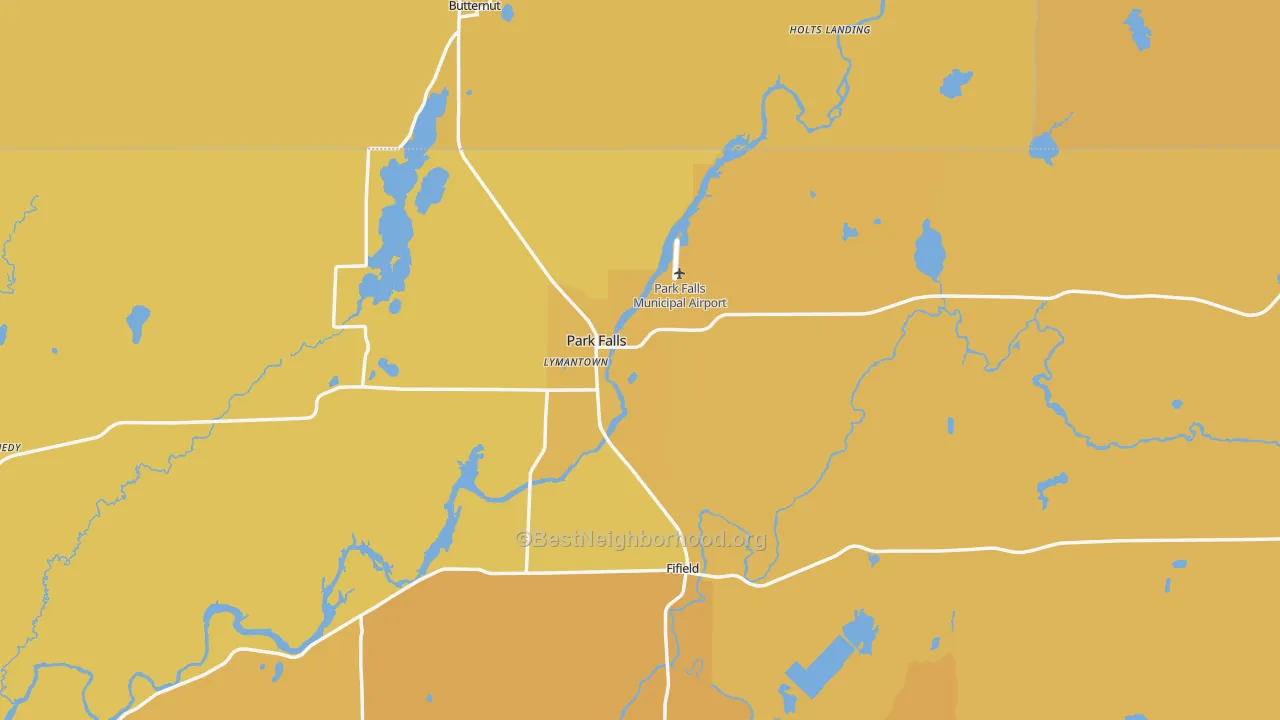 Map of the best neighborhoods in the Park Falls area, with better matches in green and worse matches in red