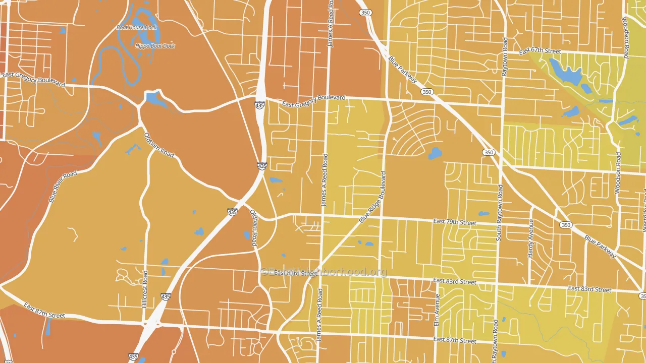 Map of the best neighborhoods in the Park Farms, Kansas City area, with better matches in green and worse matches in red
