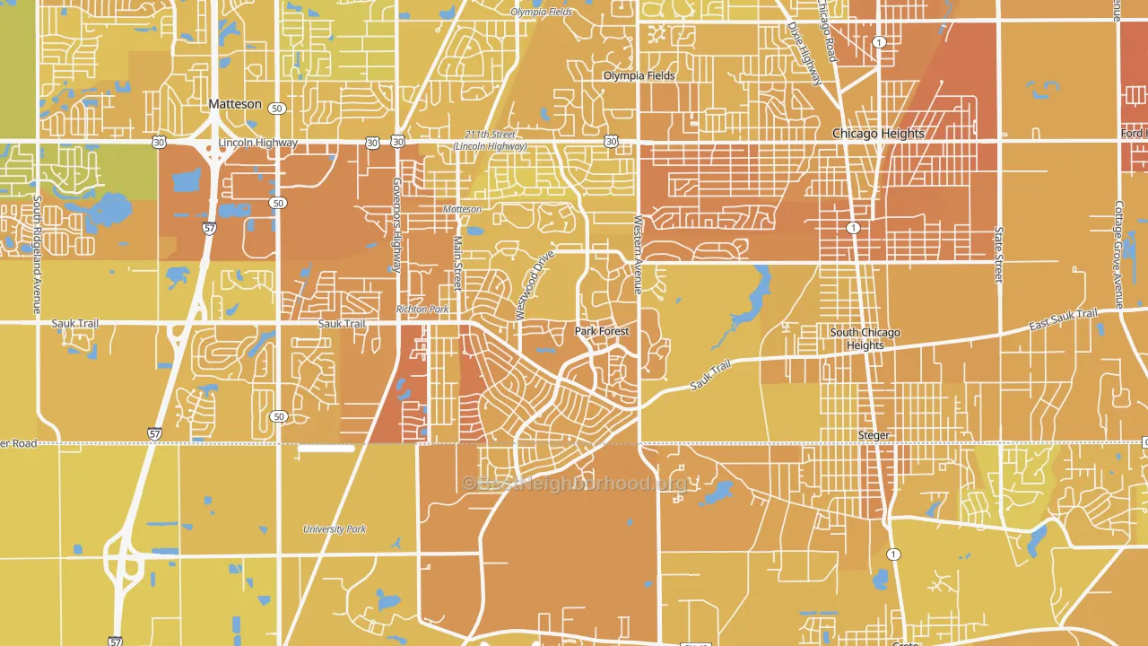 Map of the best neighborhoods in the Park Forest area, with better matches in green and worse matches in red