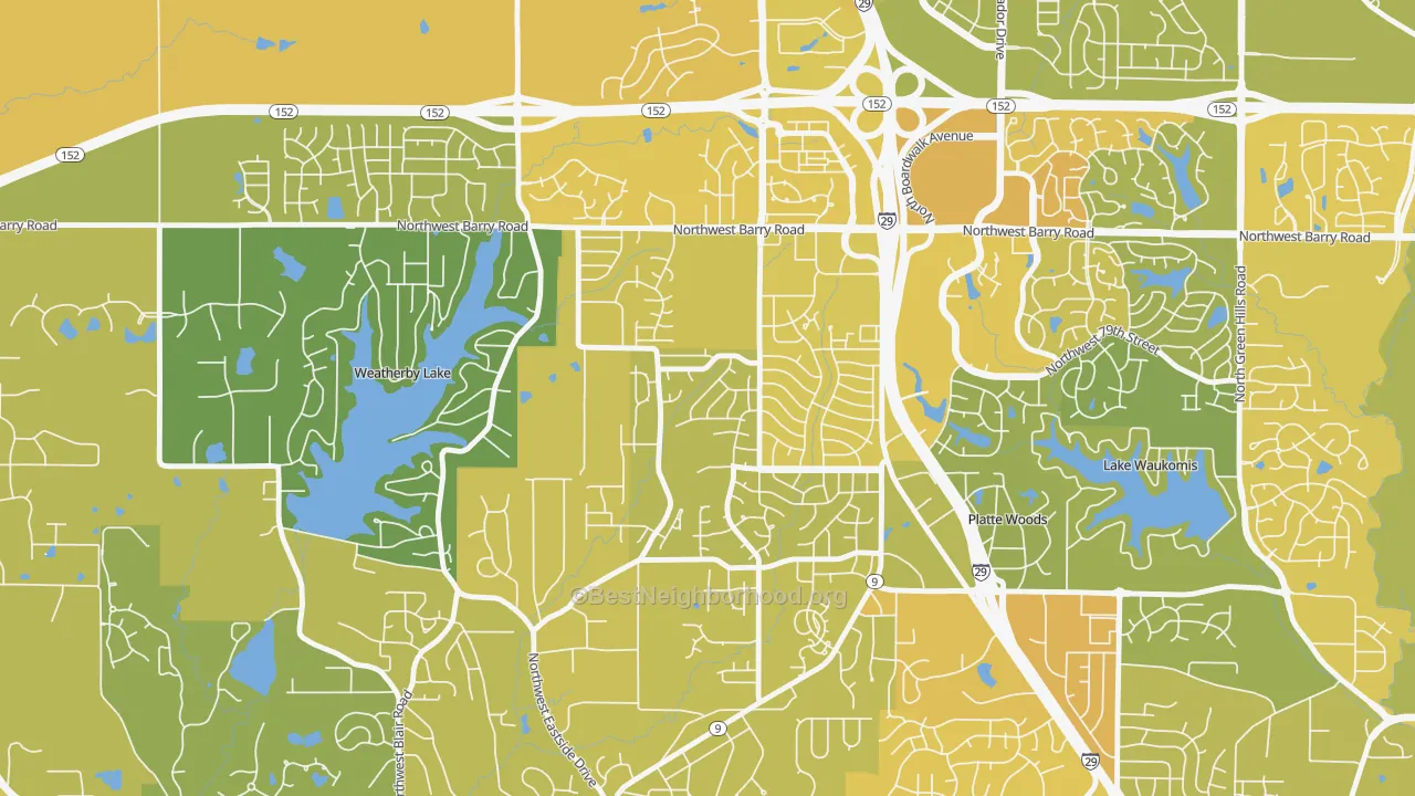 Map of the best neighborhoods in the Park Forest, Kansas City area, with better matches in green and worse matches in red