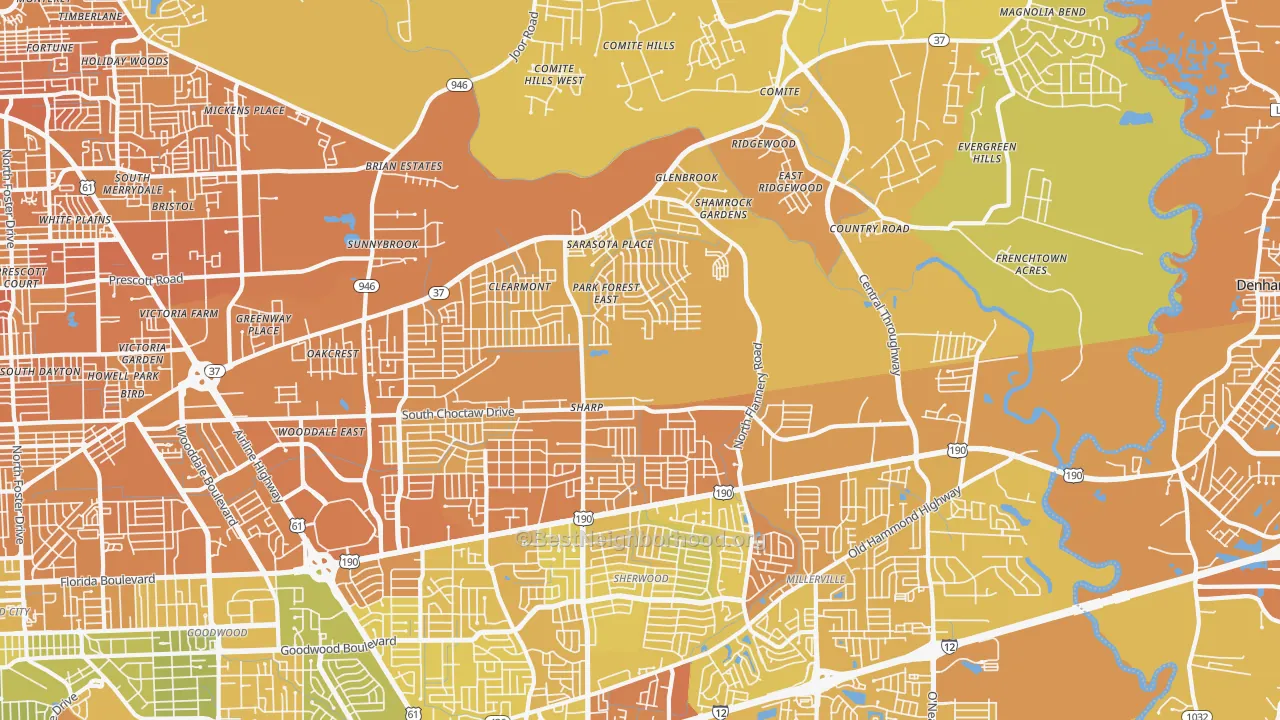 Map of the best neighborhoods in the Park Forest-Louisiana North, Baton Rouge area, with better matches in green and worse matches in red