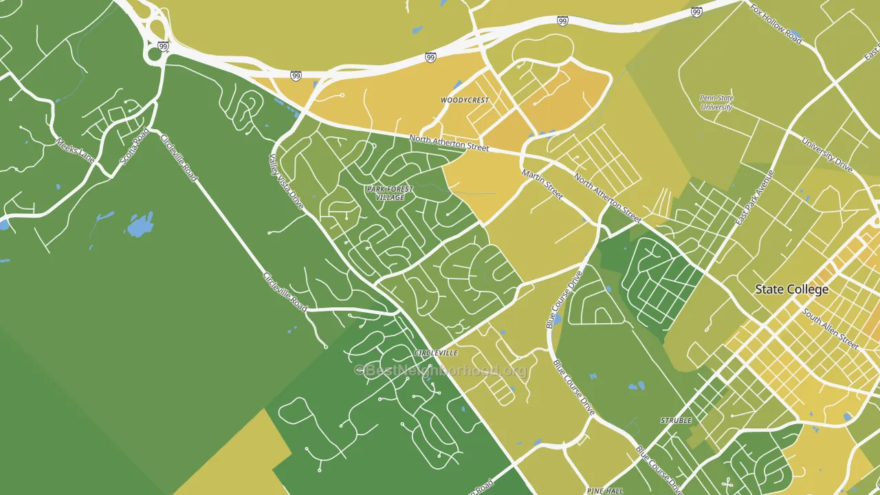 Map of the best neighborhoods in the Park Forest Village area, with better matches in green and worse matches in red