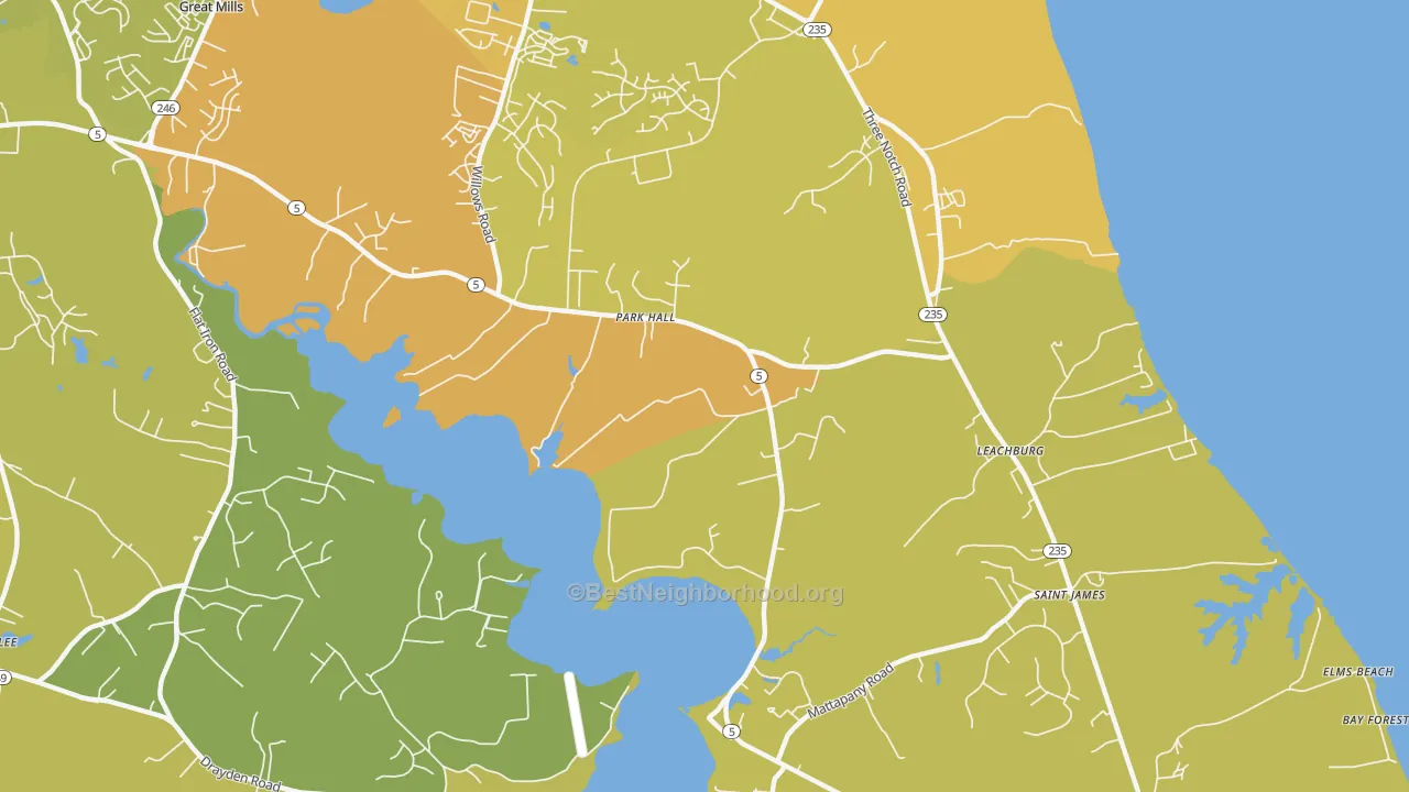 Map of the best neighborhoods in the Park Hall area, with better matches in green and worse matches in red