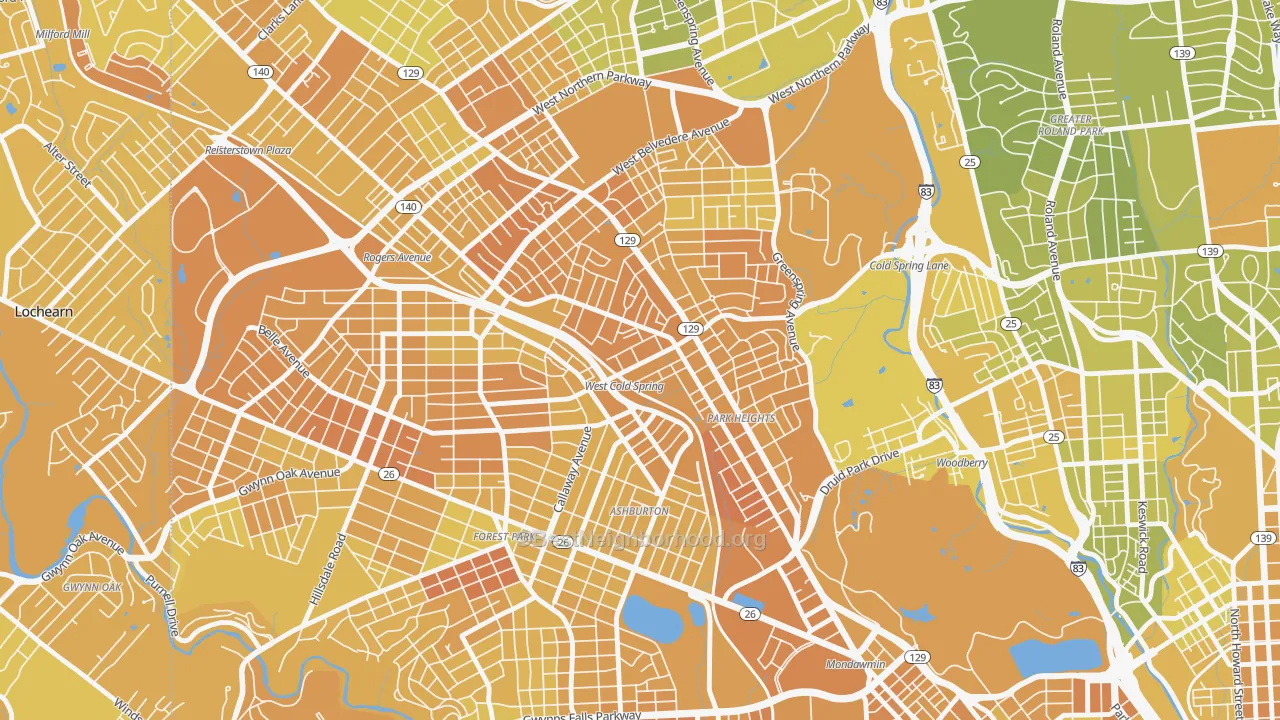 Map of the best neighborhoods in the Park Heights, Baltimore area, with better matches in green and worse matches in red