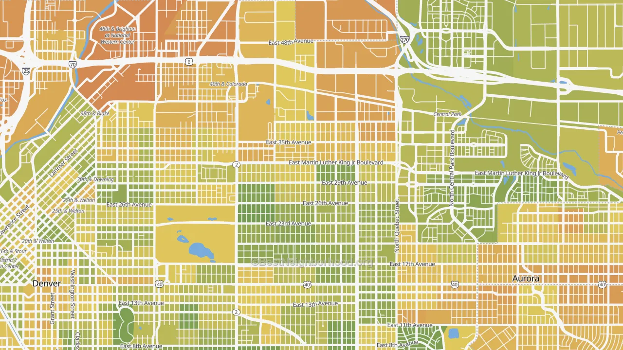Map of the best neighborhoods in the Park Hill, Denver area, with better matches in green and worse matches in red