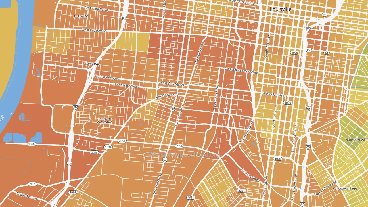 Map of the best neighborhoods in the Park Hill, Louisville area, with better matches in green and worse matches in red