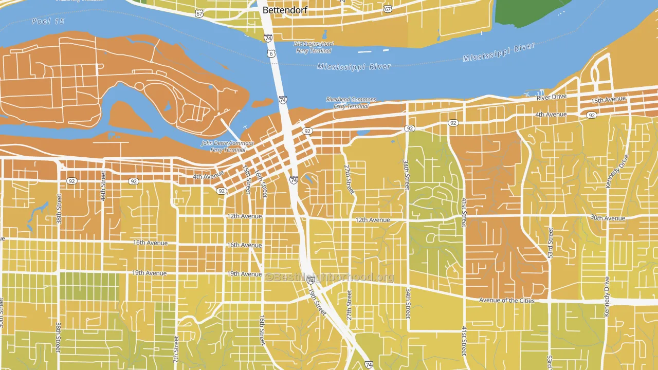 Map of the best neighborhoods in the Park Hill, Moline area, with better matches in green and worse matches in red