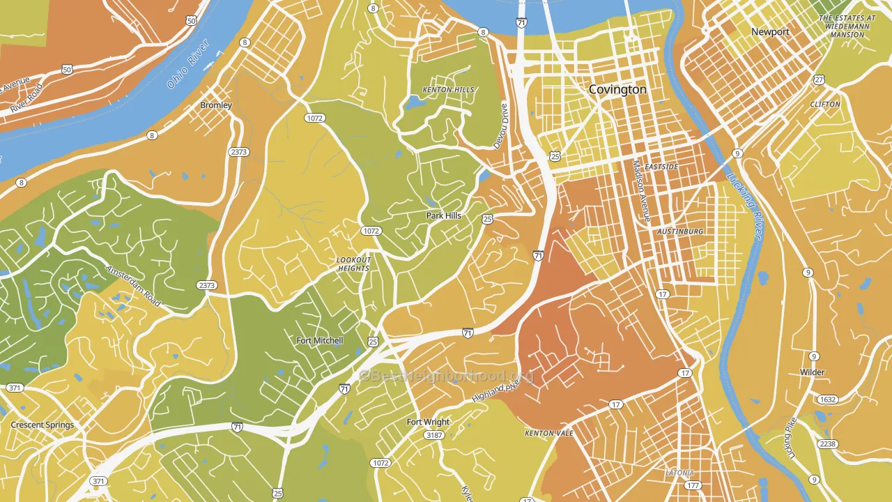 Map of the best neighborhoods in the Park Hills area, with better matches in green and worse matches in red