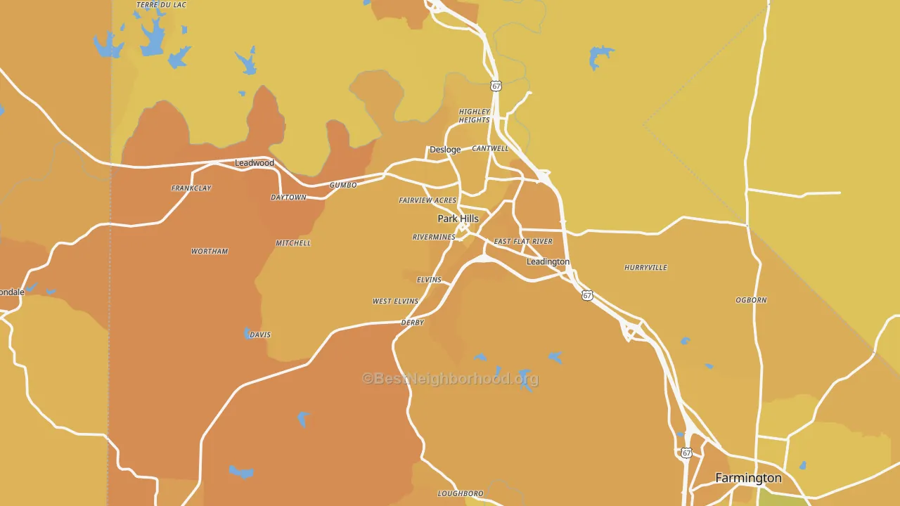 Map of the best neighborhoods in the Park Hills area, with better matches in green and worse matches in red