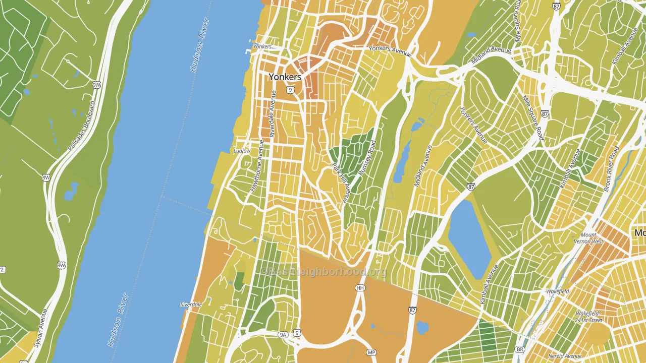 Map of the best neighborhoods in the Park Hills, Yonkers area, with better matches in green and worse matches in red
