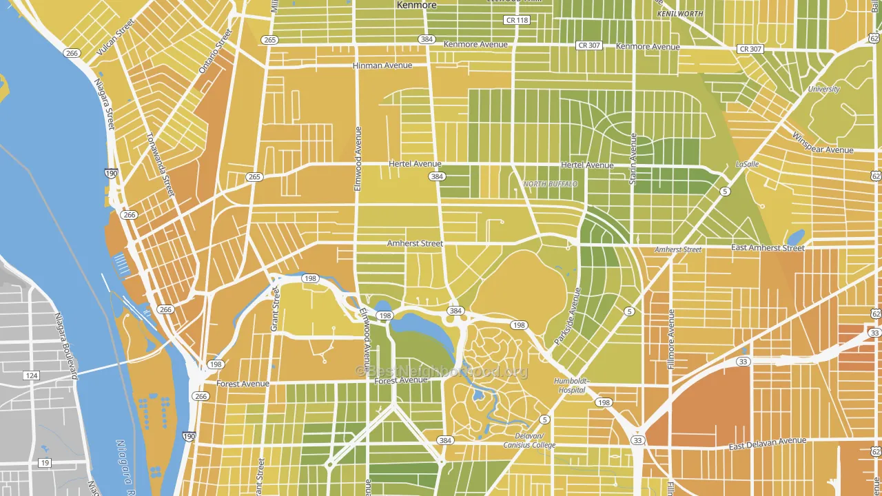 Map of the best neighborhoods in the Park Meadow, Buffalo area, with better matches in green and worse matches in red