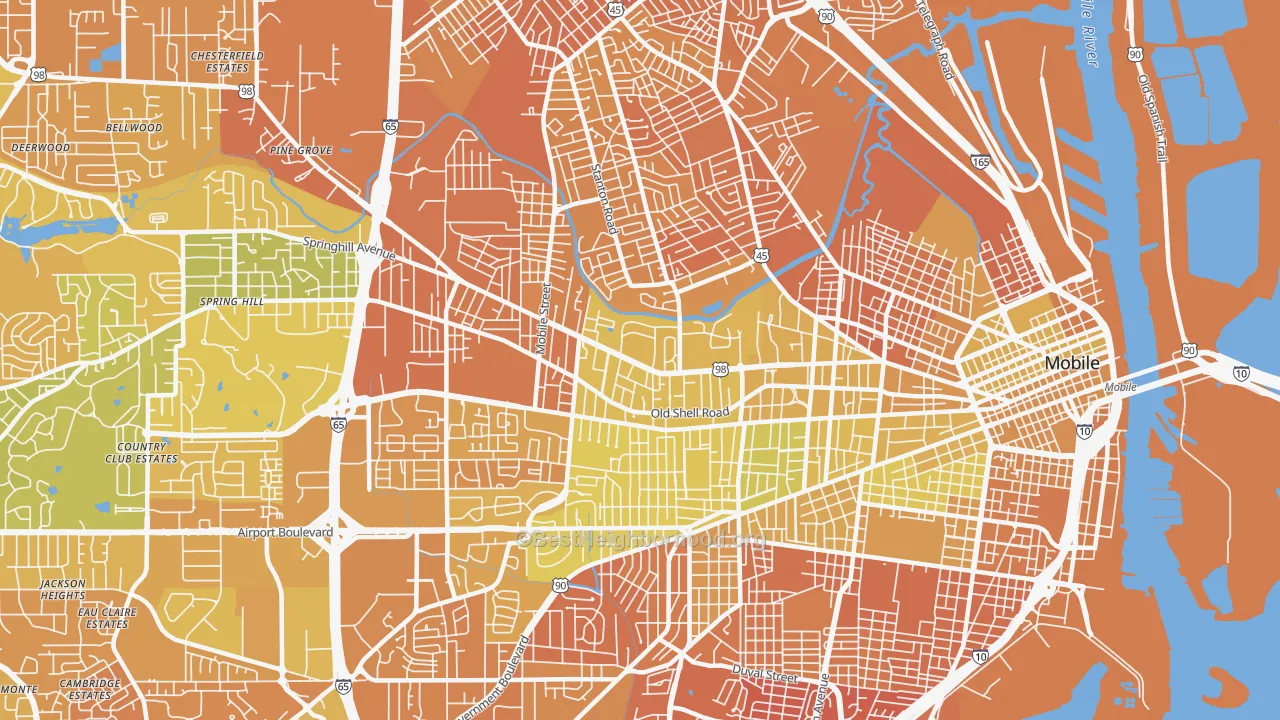 Map of the best neighborhoods in the Park Place, Mobile area, with better matches in green and worse matches in red