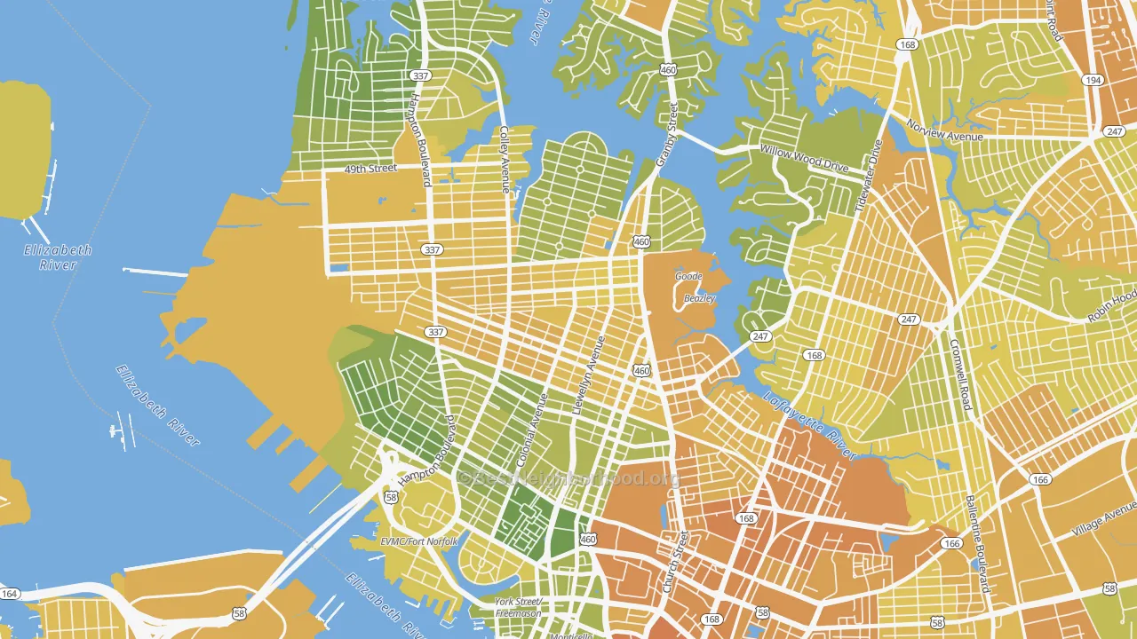 Map of the best neighborhoods in the Park Place, Norfolk area, with better matches in green and worse matches in red