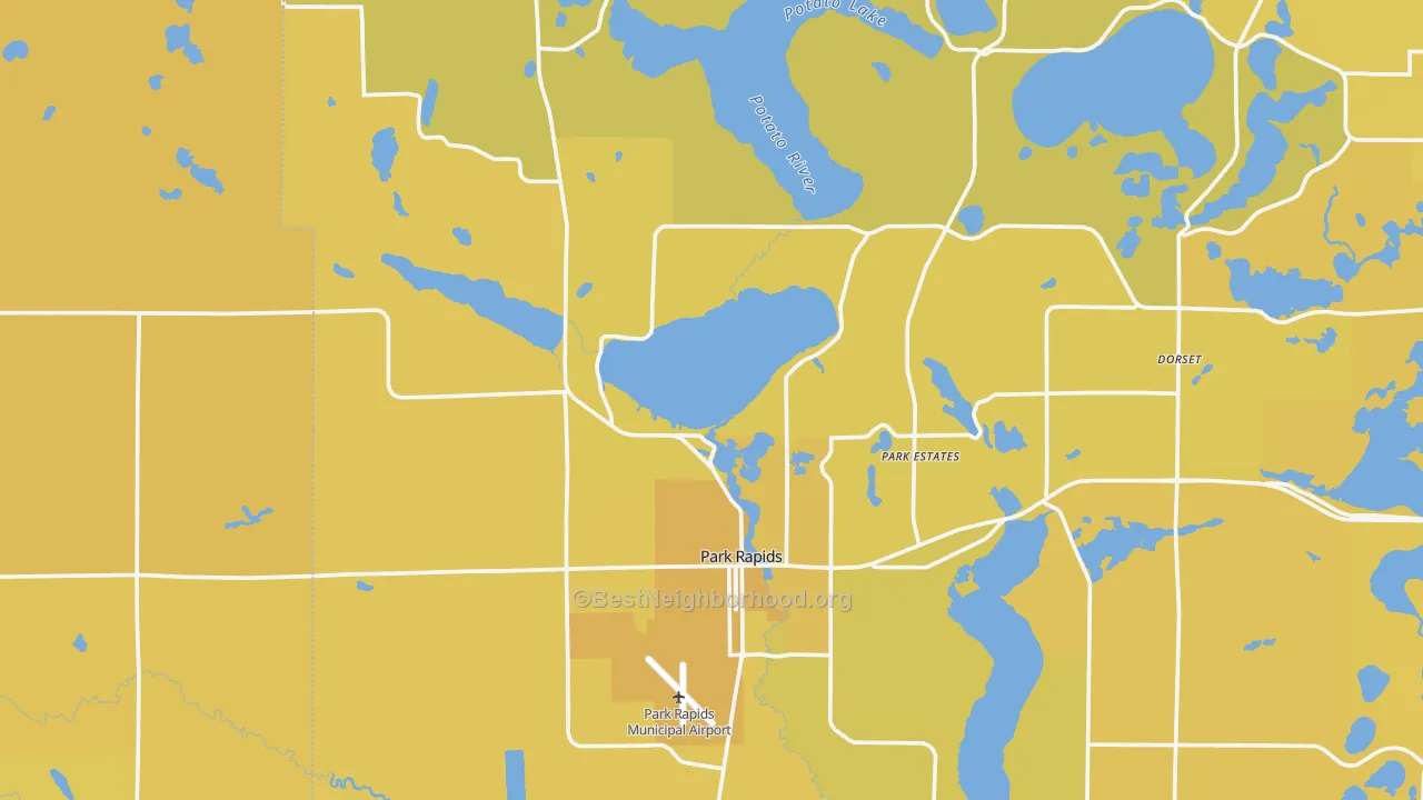 Map of the best neighborhoods in the Park Rapids area, with better matches in green and worse matches in red