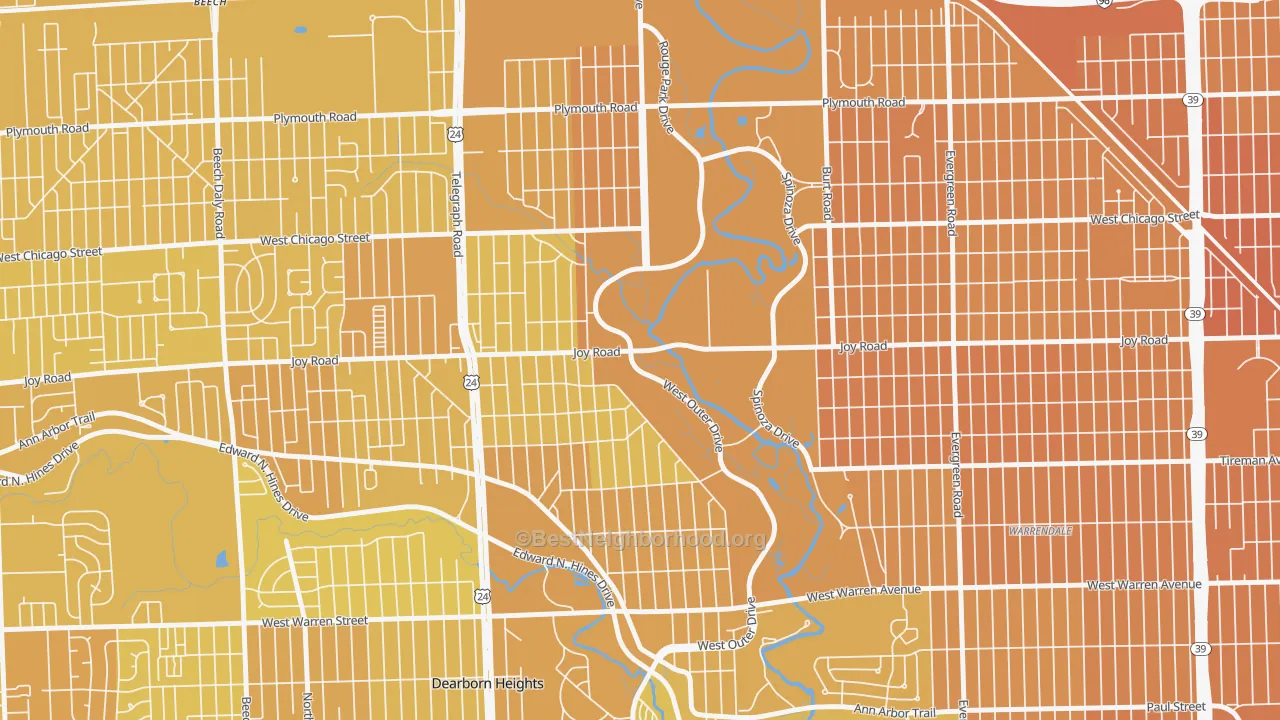 Map of the best neighborhoods in the Park, Redford area, with better matches in green and worse matches in red