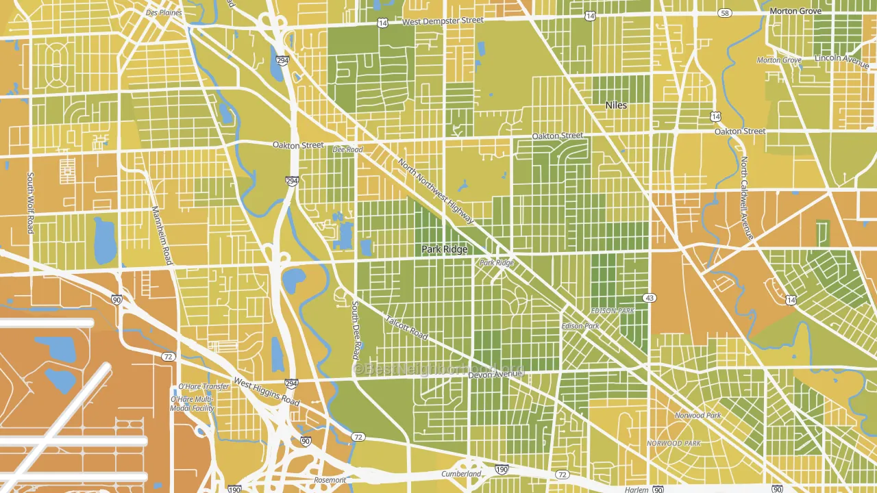 Map of the best neighborhoods in the Park Ridge area, with better matches in green and worse matches in red