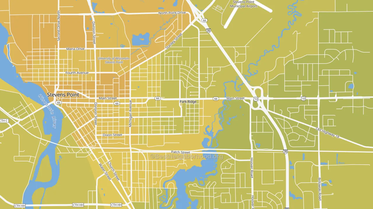 Map of the best neighborhoods in the Park Ridge area, with better matches in green and worse matches in red
