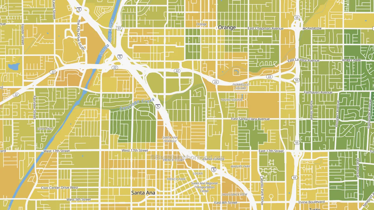 Map of the best neighborhoods in the Park Santiago, Santa Ana area, with better matches in green and worse matches in red