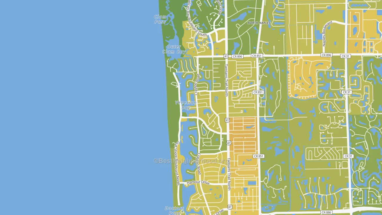Map of the best neighborhoods in the Park Shore, Naples area, with better matches in green and worse matches in red