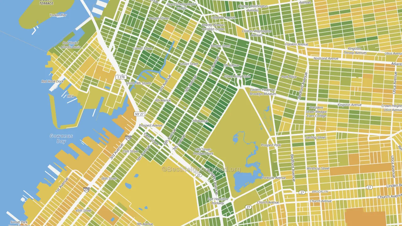 Map of the best neighborhoods in the Park Slope, Brooklyn area, with better matches in green and worse matches in red
