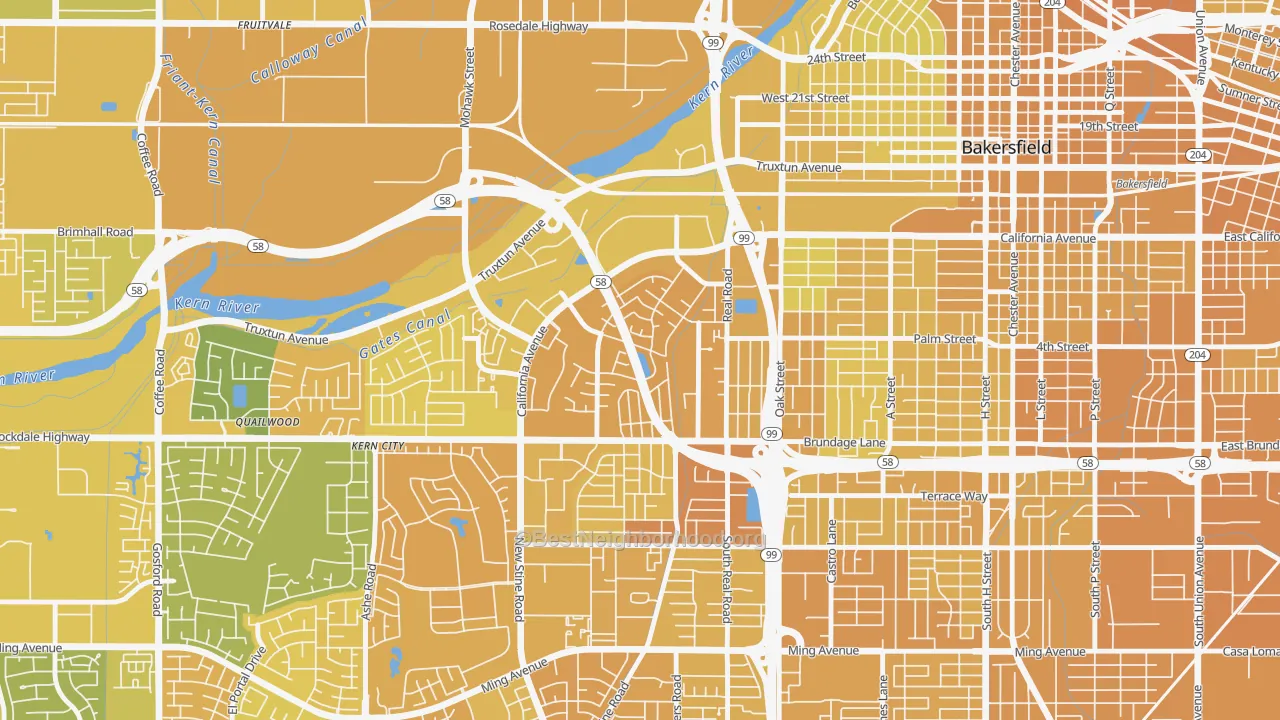 Map of the best neighborhoods in the Park Stockdale, Bakersfield area, with better matches in green and worse matches in red