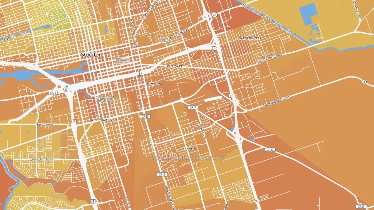 Map of the best neighborhoods in the Park, Stockton area, with better matches in green and worse matches in red
