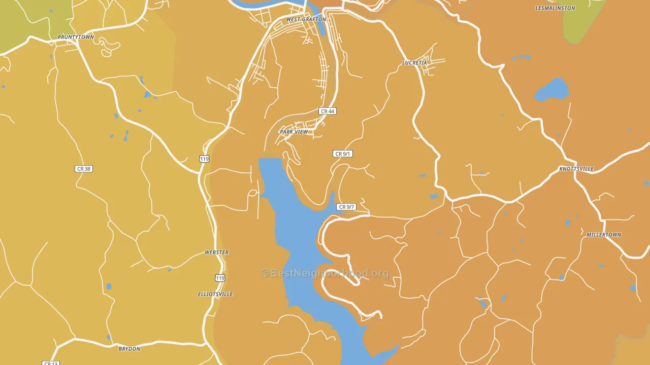 Map of the best neighborhoods in the Park View area, with better matches in green and worse matches in red