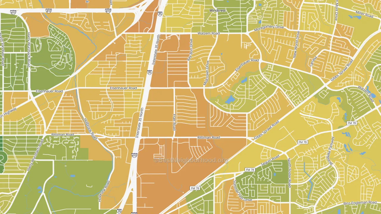 Map of the best neighborhoods in the Park Village, San Antonio area, with better matches in green and worse matches in red