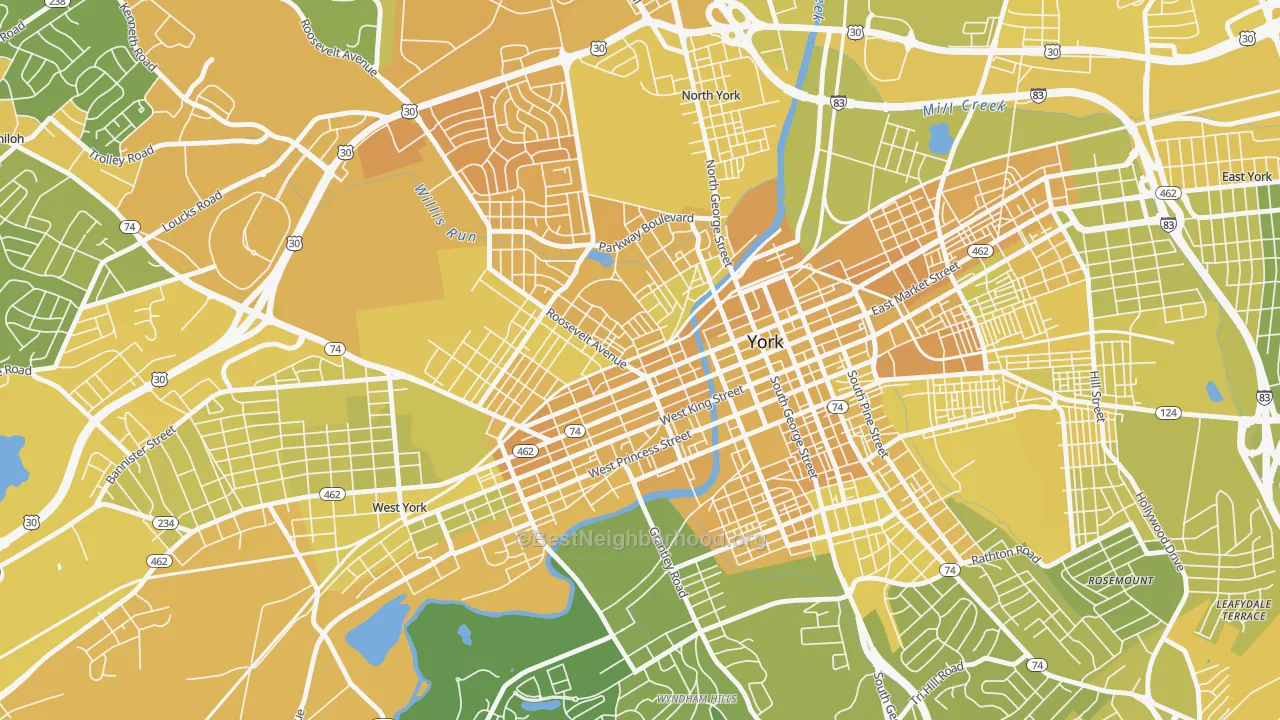 Map of the best neighborhoods in the Park Village, York area, with better matches in green and worse matches in red