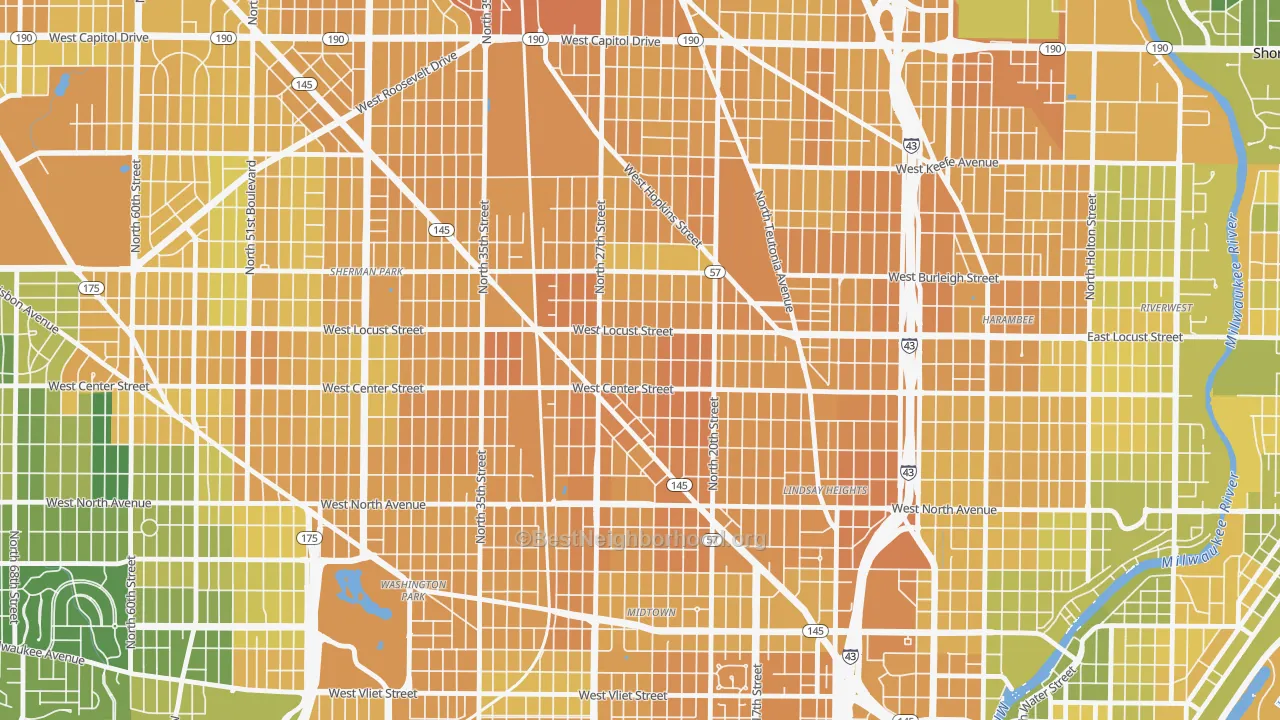 Map of the best neighborhoods in the Park West, Milwaukee area, with better matches in green and worse matches in red