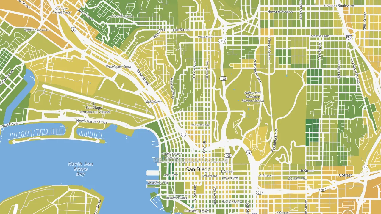 Map of the best neighborhoods in the Park West, San Diego area, with better matches in green and worse matches in red