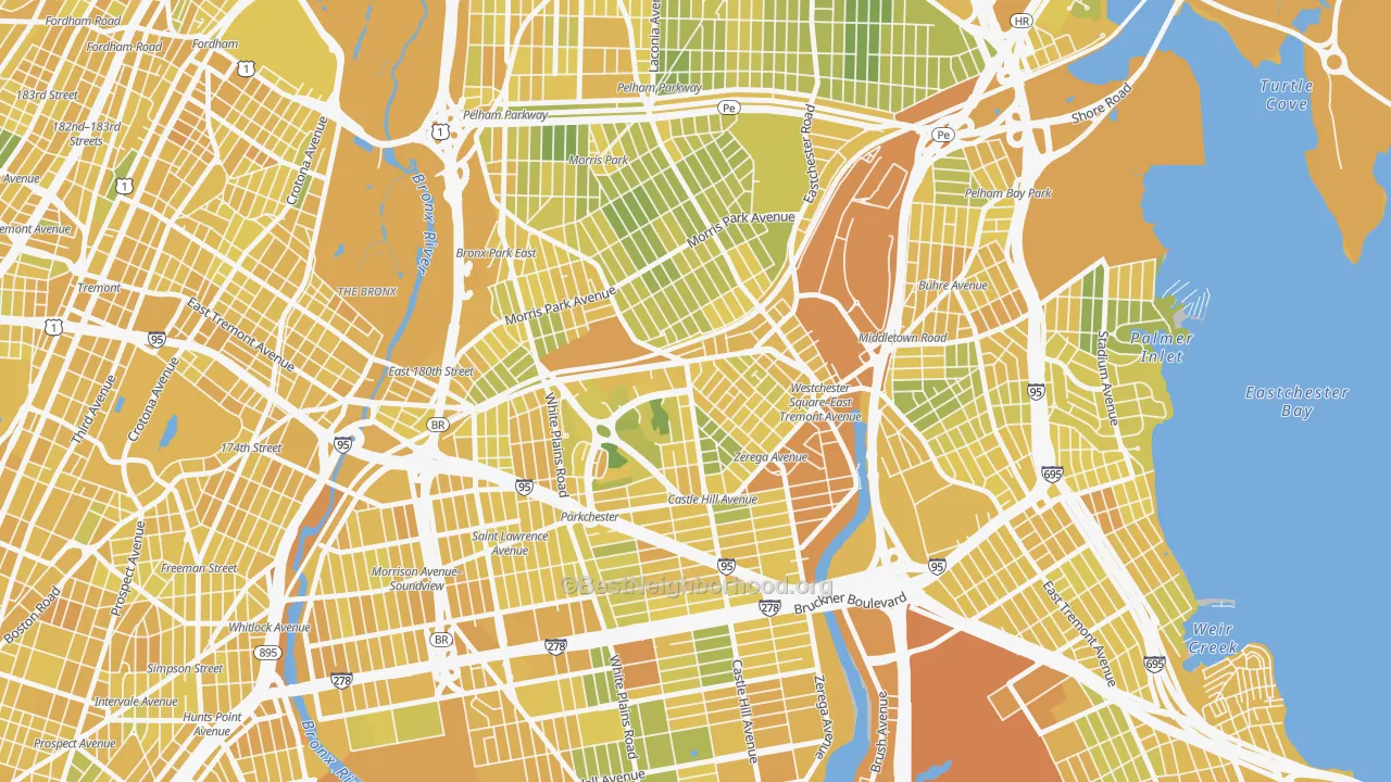 Map of the best neighborhoods in the Parkchester, Bronx area, with better matches in green and worse matches in red