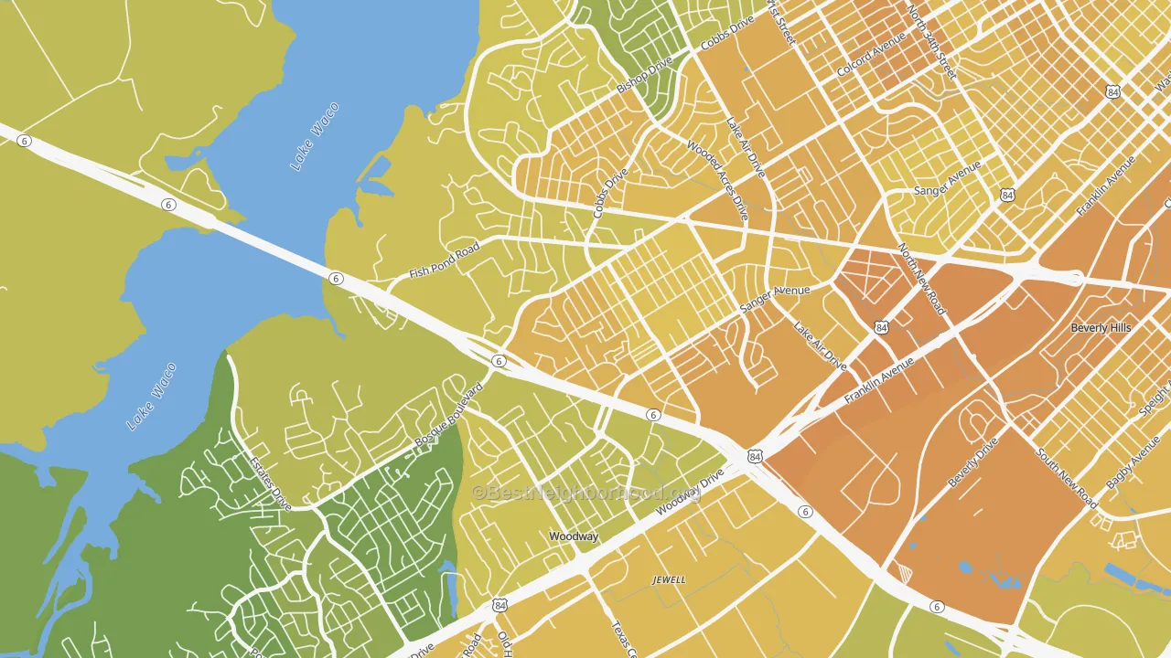 Map of the best neighborhoods in the Parkdale Viking Hills, Waco area, with better matches in green and worse matches in red