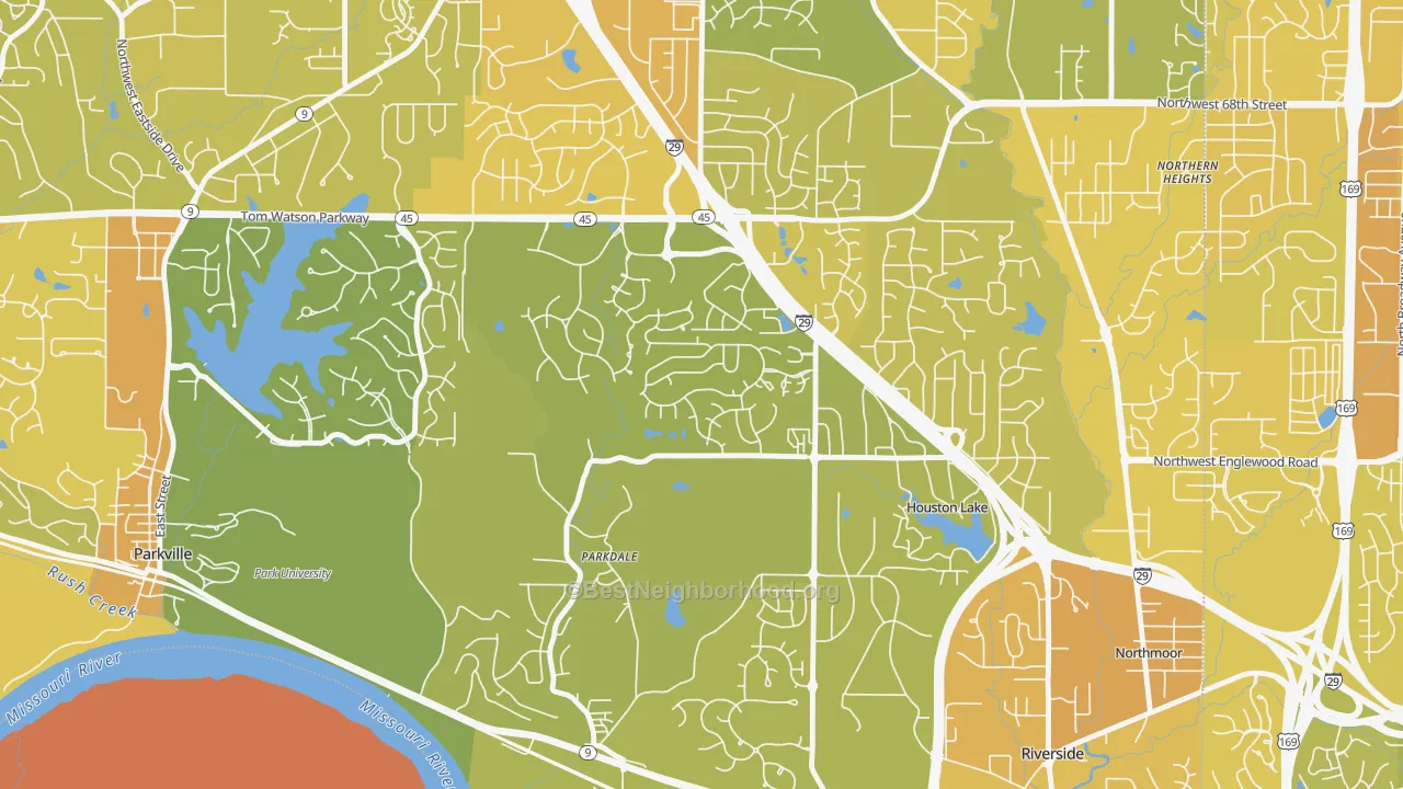 Map of the best neighborhoods in the Parkdale-Walden, Kansas City area, with better matches in green and worse matches in red