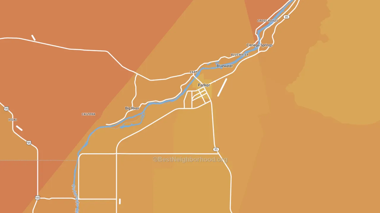 Map of the best neighborhoods in the Parker area, with better matches in green and worse matches in red