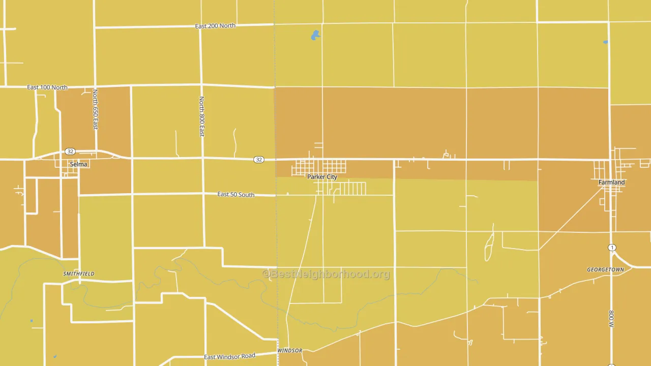 Map of the best neighborhoods in the Parker City area, with better matches in green and worse matches in red