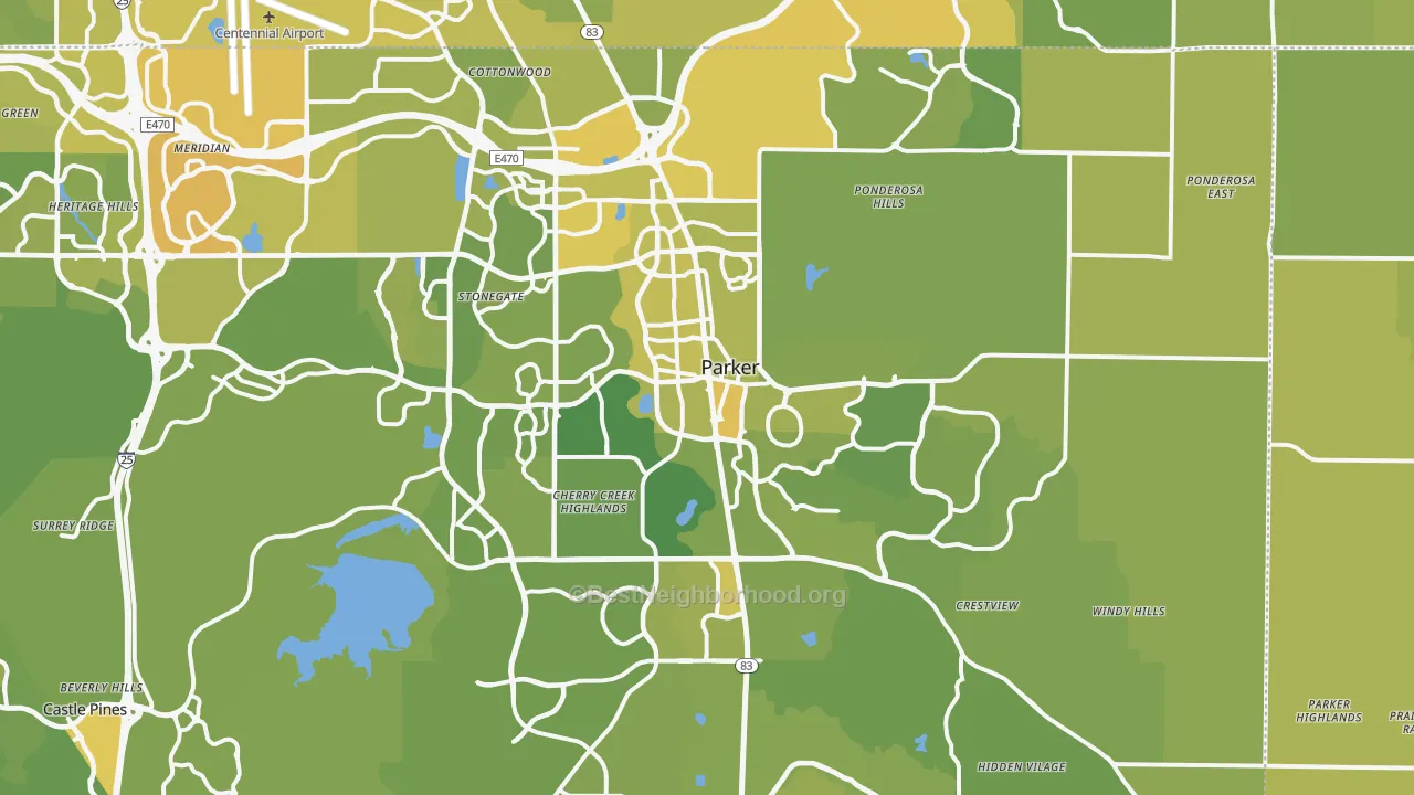 Map of the best neighborhoods in the Parker area, with better matches in green and worse matches in red