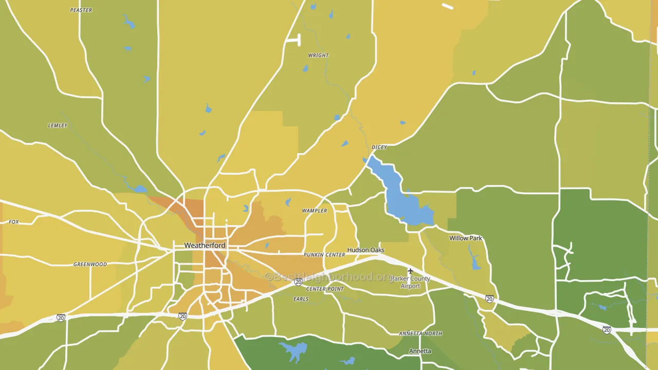 Map of the best neighborhoods in the Parker County area, with better matches in green and worse matches in red