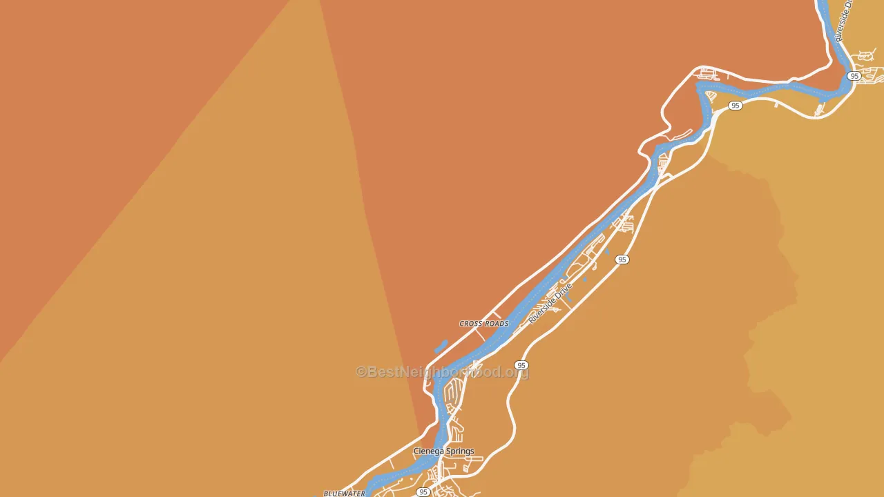 Map of the best neighborhoods in the Parker Dam area, with better matches in green and worse matches in red