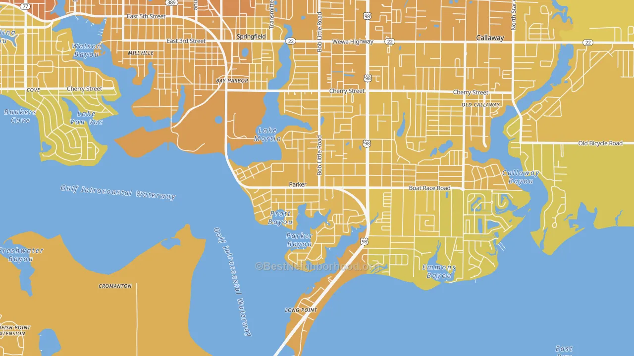 Map of the best neighborhoods in the Parker area, with better matches in green and worse matches in red
