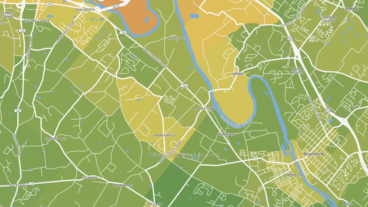 Map of the best neighborhoods in the Parker Ford area, with better matches in green and worse matches in red