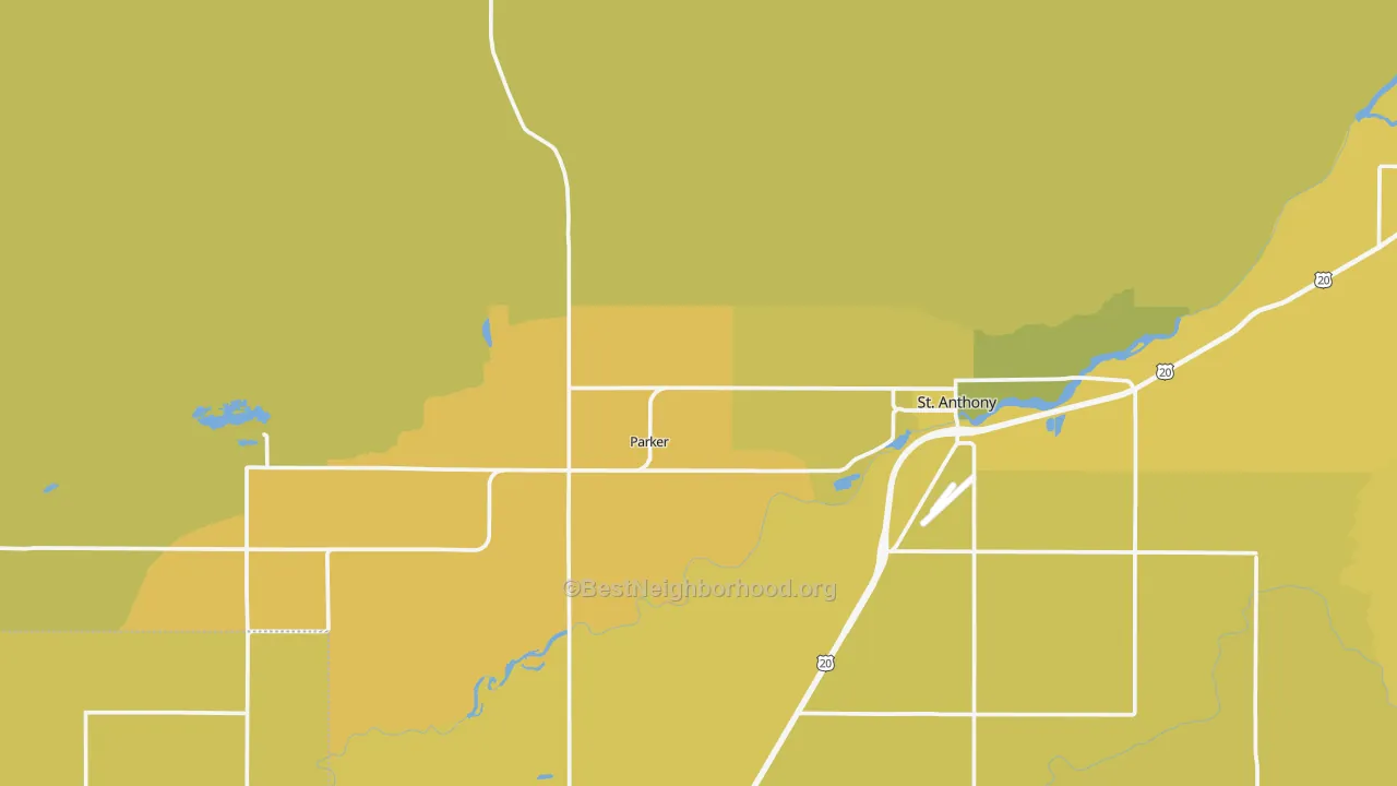 Map of the best neighborhoods in the Parker area, with better matches in green and worse matches in red