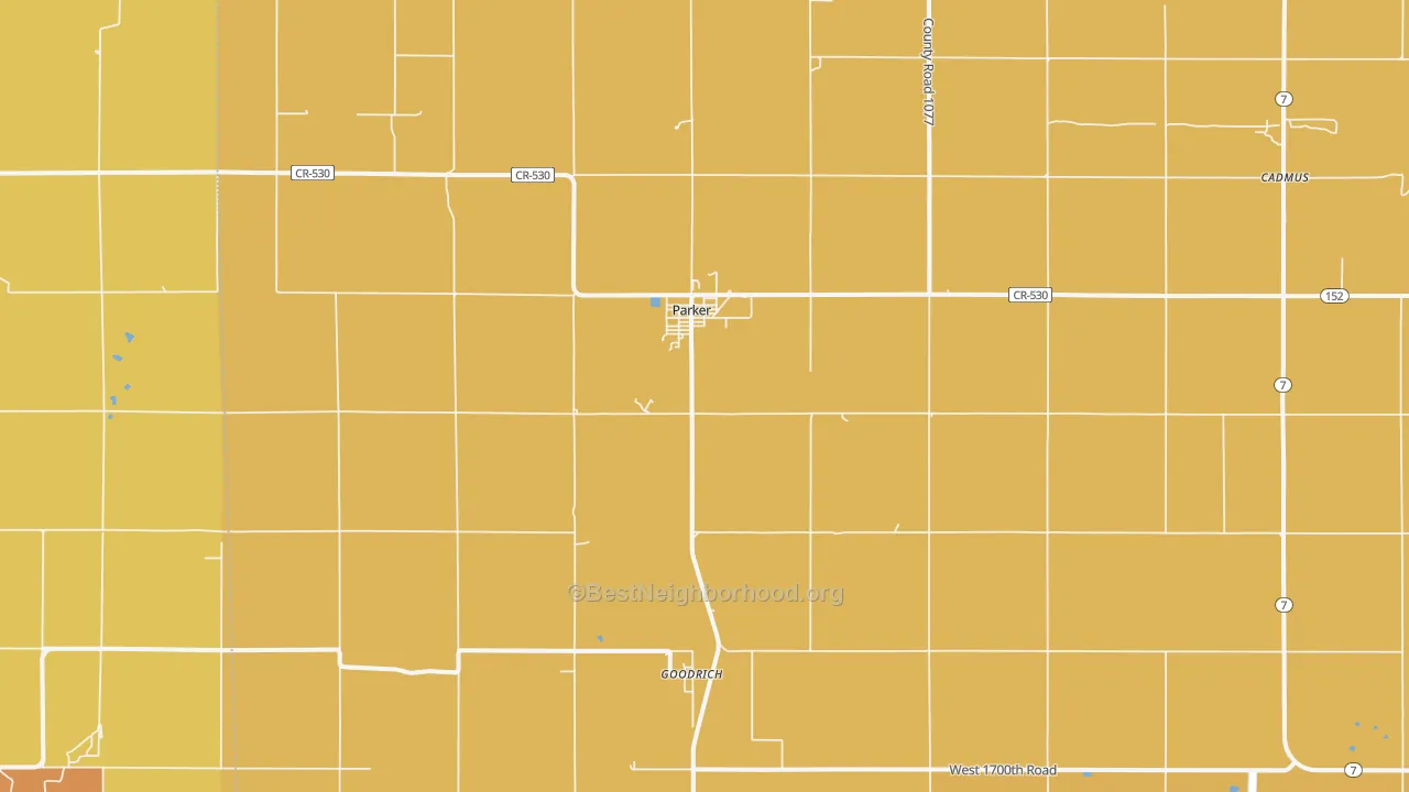 Map of the best neighborhoods in the Parker area, with better matches in green and worse matches in red