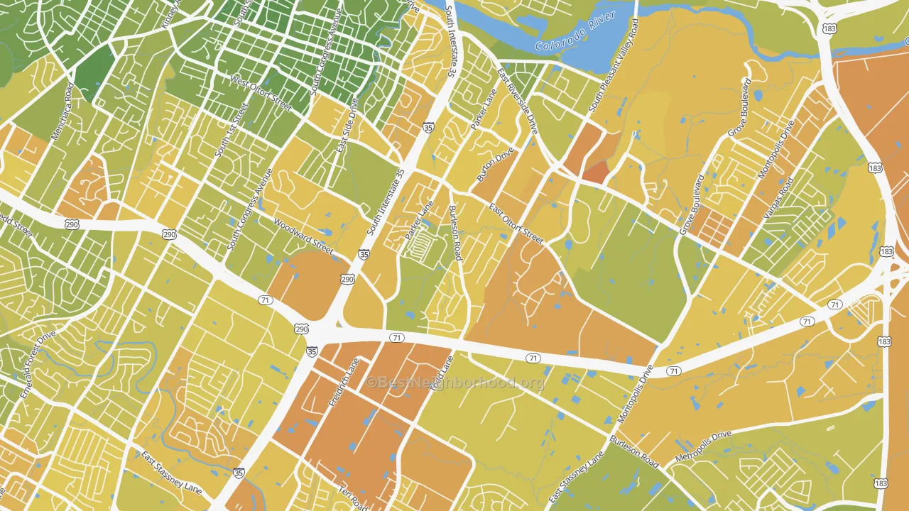 Map of the best neighborhoods in the Parker Lane, Austin area, with better matches in green and worse matches in red