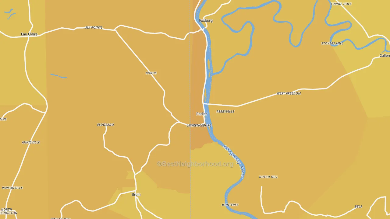 Map of the best neighborhoods in the Parker area, with better matches in green and worse matches in red