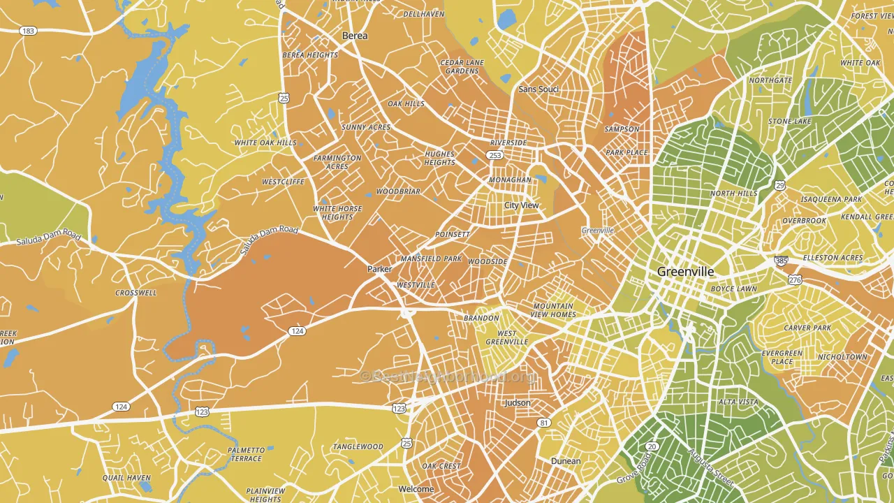Map of the best neighborhoods in the Parker area, with better matches in green and worse matches in red
