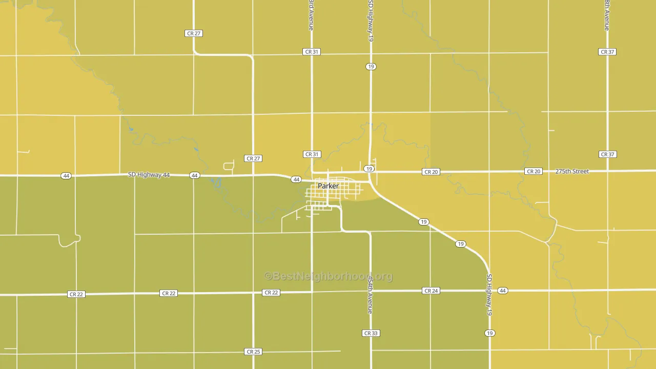 Map of the best neighborhoods in the Parker area, with better matches in green and worse matches in red