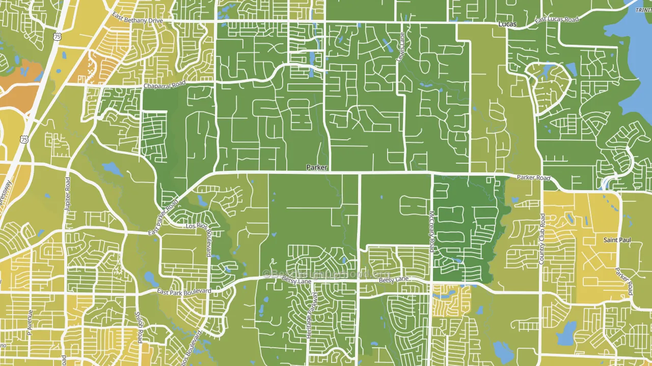Map of the best neighborhoods in the Parker area, with better matches in green and worse matches in red